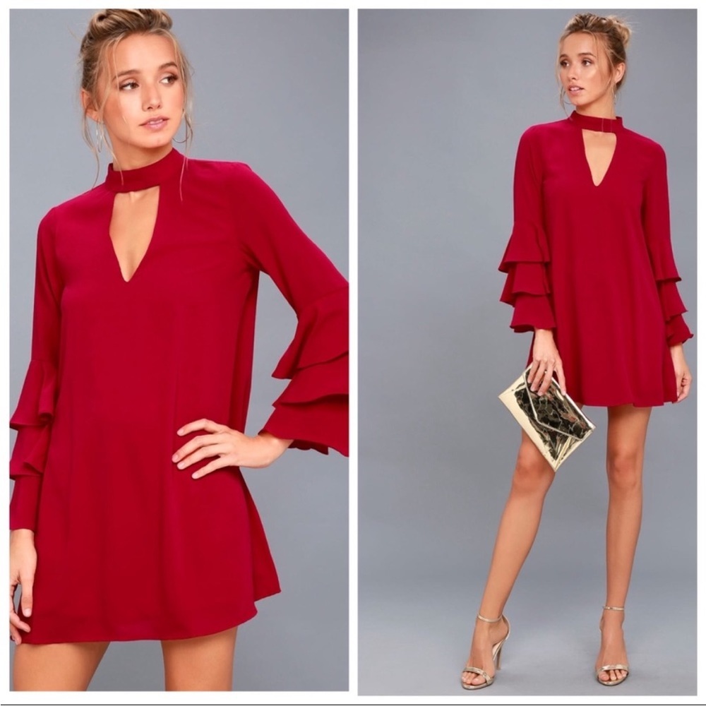 Lulus NWT Red Ruffle Long Sleeve Aesthetic‎ Aspirations Mini Dress Size Small